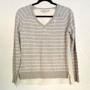 🍍 LOFT Gray/White Stripe Sheer Back V-Neck Top S